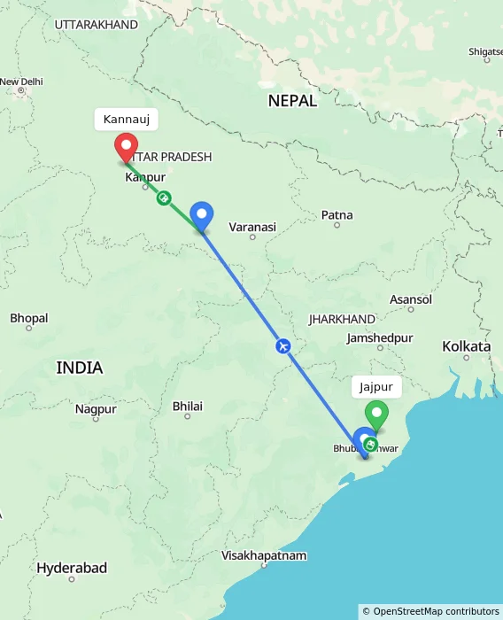 Route map showing distance and travel time from Jajpur, India to Kannauj, India