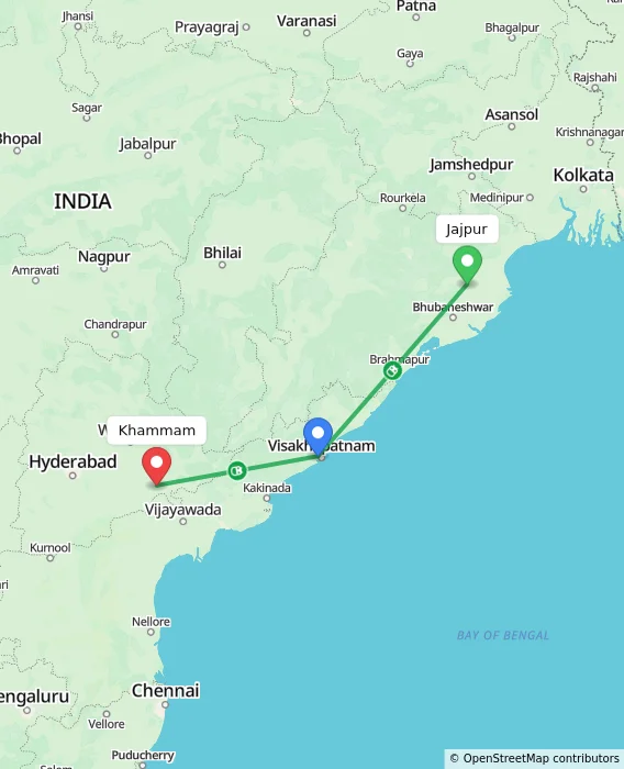 Route map showing distance and travel time from Jajpur, India to Khammam, India