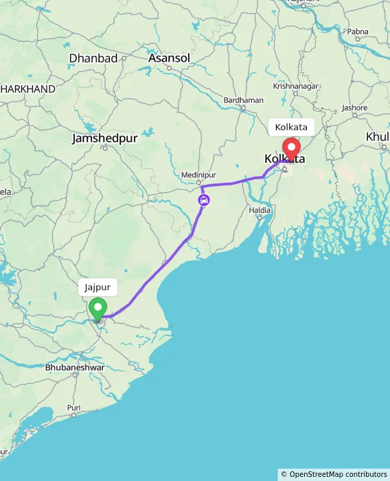 Route map showing distance and travel time from Jajpur, India to Kolkata, India