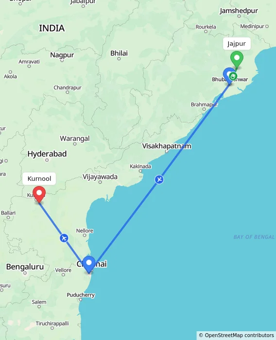 Route map showing distance and travel time from Jajpur, India to Kurnool, India