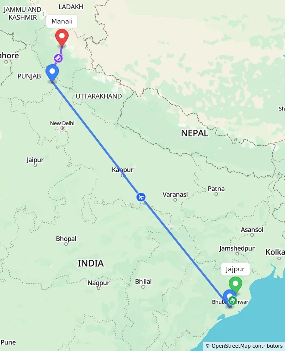 Route map showing distance and travel time from Jajpur, India to Manali, India