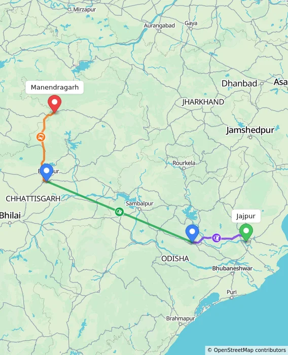 Route map showing distance and travel time from Jajpur, India to Manendragarh, India