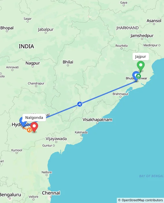 Route map showing distance and travel time from Jajpur, India to Nalgonda, India