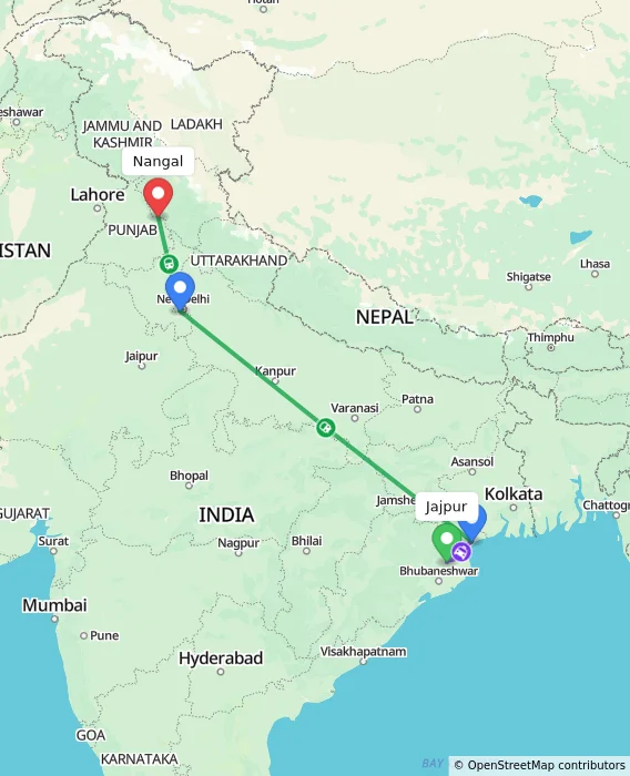 Route map showing distance and travel time from Jajpur, India to Nangal, India