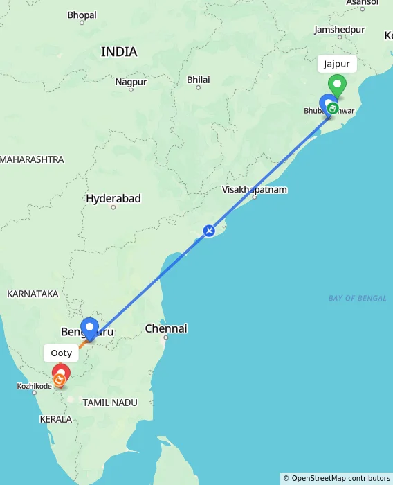 Route map showing distance and travel time from Jajpur, India to Ooty, India