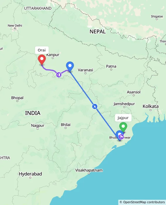 Route map showing distance and travel time from Jajpur, India to Orai, India