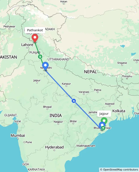 Route map showing distance and travel time from Jajpur, India to Pathankot, India
