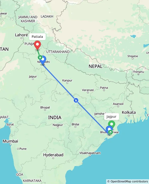 Route map showing distance and travel time from Jajpur, India to Patiala, India