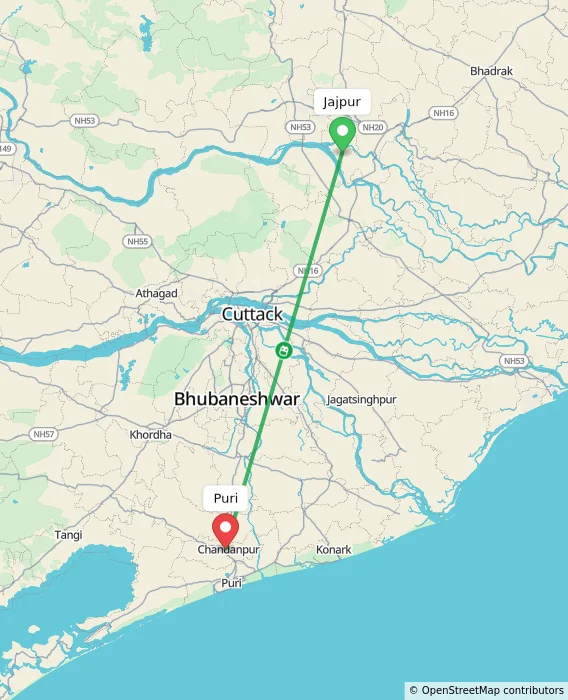 Route map showing distance and travel time from Jajpur, India to Puri, India