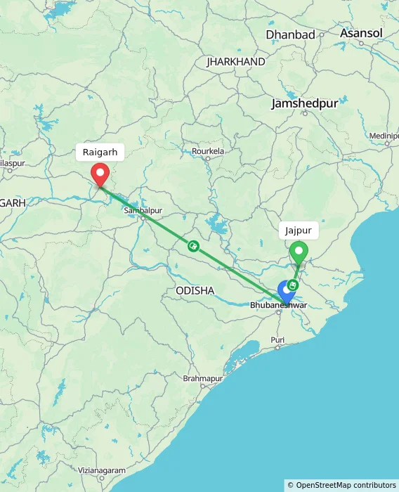 Route map showing distance and travel time from Jajpur, India to Raigarh, India