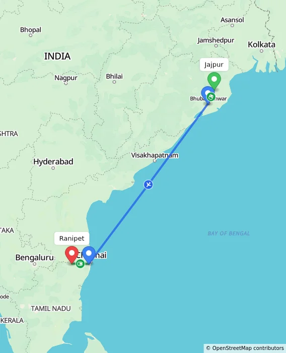 Route map showing distance and travel time from Jajpur, India to Ranipet, India