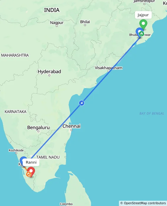 Route map showing distance and travel time from Jajpur, India to Ranni, India