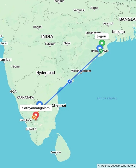 Route map showing distance and travel time from Jajpur, India to Sathyamangalam, India