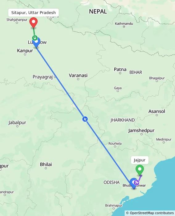 Route map showing distance and travel time from Jajpur, India to Sitapur, Uttar Pradesh, India