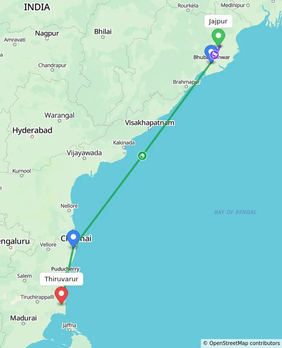 Route map showing distance and travel time from Jajpur, India to Thiruvarur, India