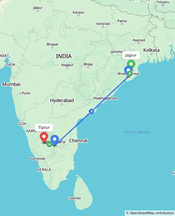 Route map showing distance and travel time from Jajpur, India to Tiptur, India