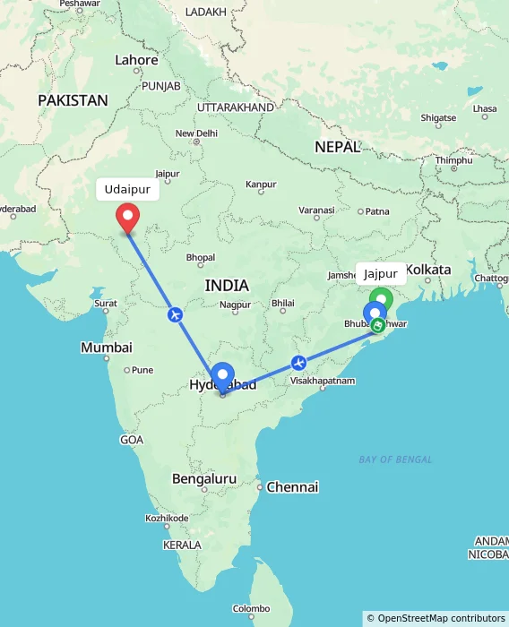 Route map showing distance and travel time from Jajpur, India to Udaipur, India