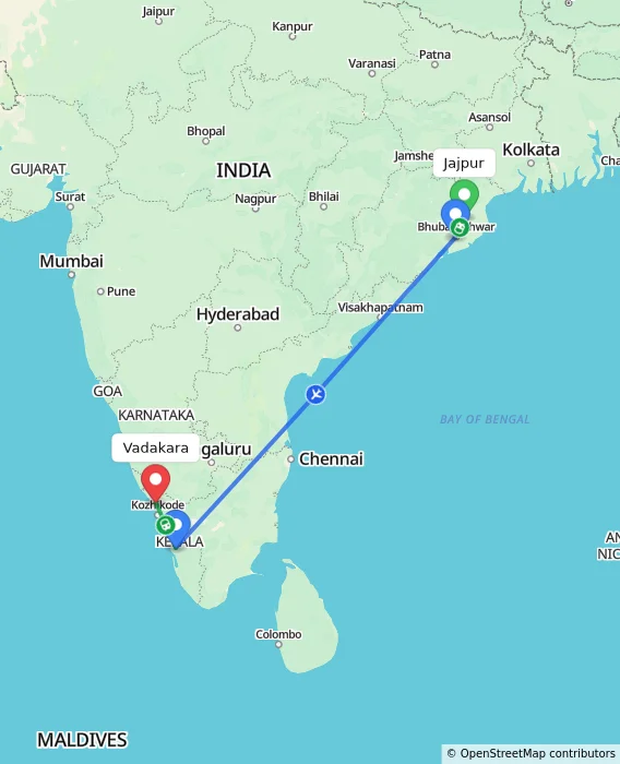 Route map showing distance and travel time from Jajpur, India to Vadakara, India
