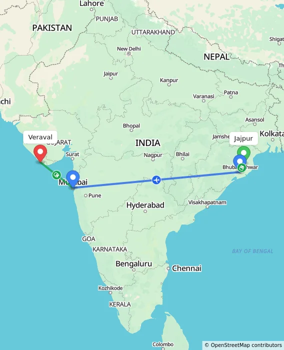 Route map showing distance and travel time from Jajpur, India to Veraval, India