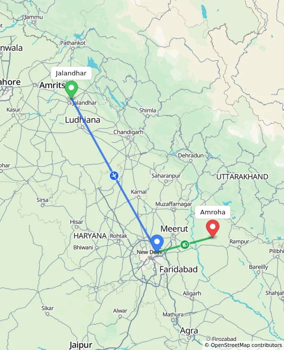 Route map showing distance and travel time from Jalandhar, India to Amroha, India