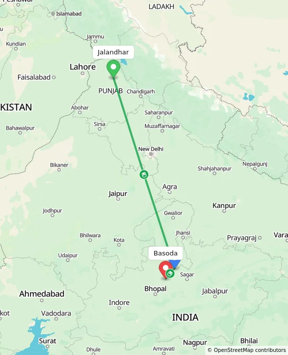 Route map showing distance and travel time from Jalandhar, India to Basoda, India