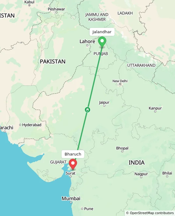 Route map showing distance and travel time from Jalandhar, India to Bharuch, India