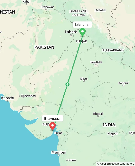 Route map showing distance and travel time from Jalandhar, India to Bhavnagar, India