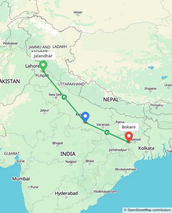 Route map showing distance and travel time from Jalandhar, India to Bokaro, India
