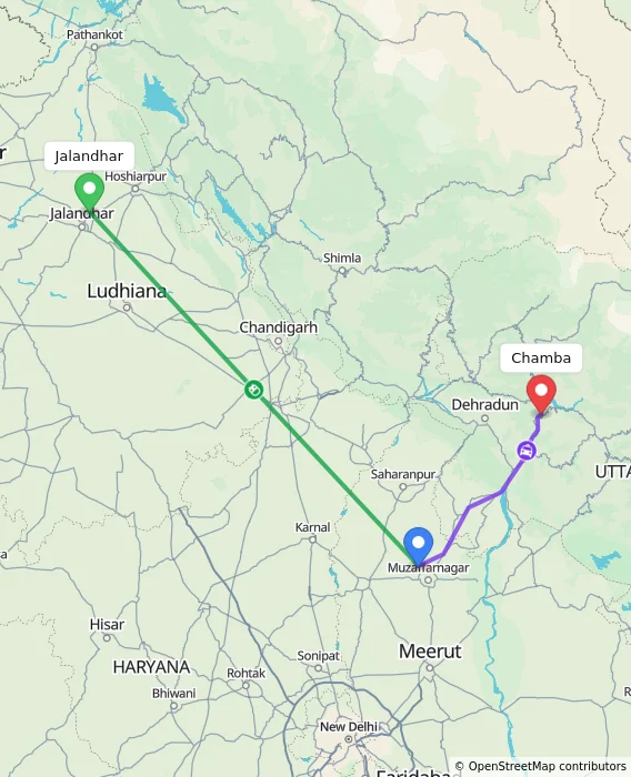 Route map showing distance and travel time from Jalandhar, India to Chamba, India