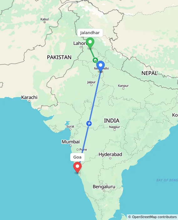 Route map showing distance and travel time from Jalandhar, India to Goa, India