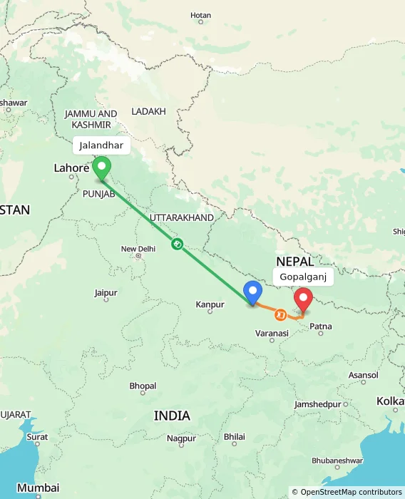 Route map showing distance and travel time from Jalandhar, India to Gopalganj, India