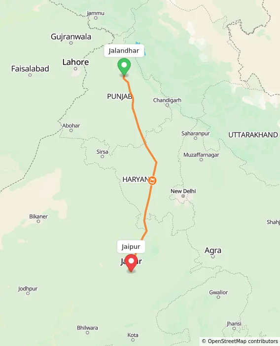 Route map showing distance and travel time from Jalandhar, India to Jaipur, India