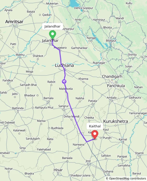 Route map showing distance and travel time from Jalandhar, India to Kaithal, India
