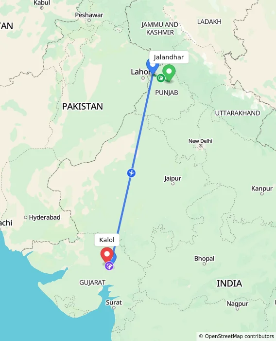 Route map showing distance and travel time from Jalandhar, India to Kalol, India