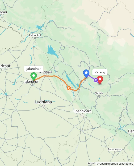 Route map showing distance and travel time from Jalandhar, India to Karsog, India