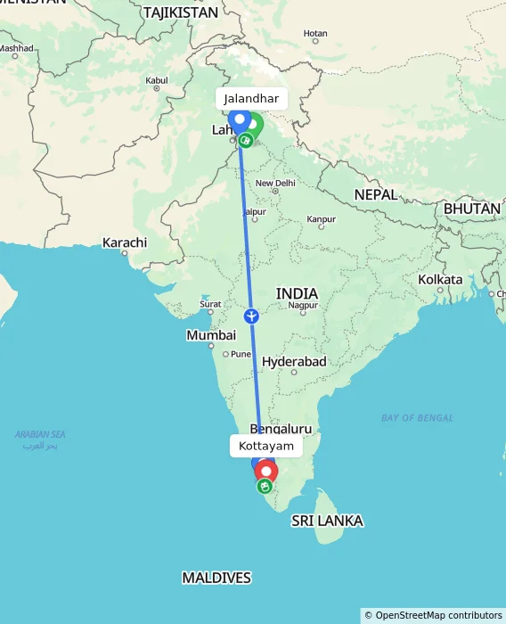 Route map showing distance and travel time from Jalandhar, India to Kottayam, India