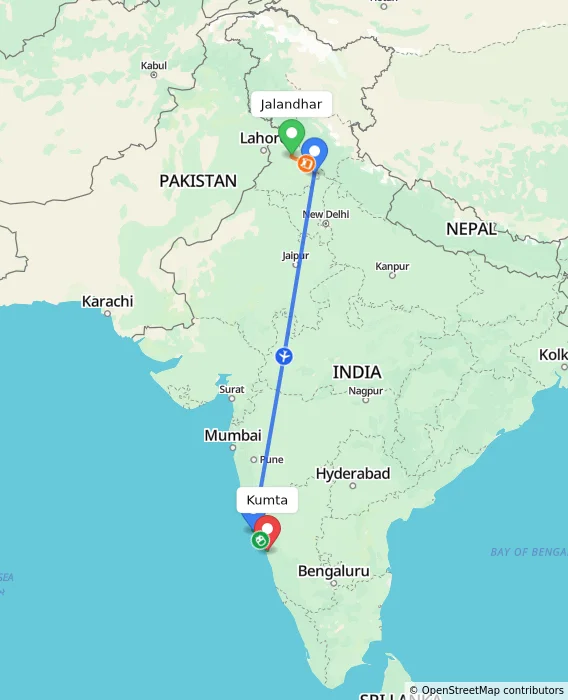 Route map showing distance and travel time from Jalandhar, India to Kumta, India