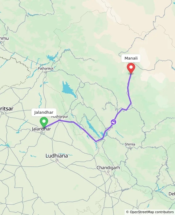 Route map showing distance and travel time from Jalandhar, India to Manali, India