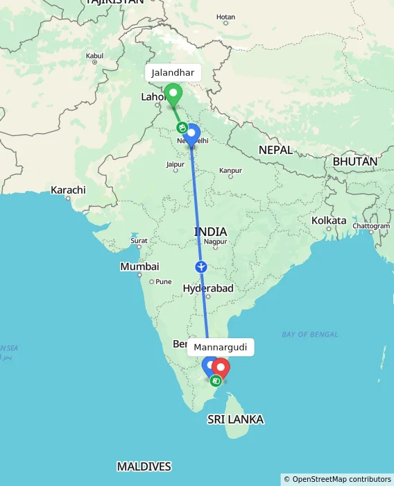Route map showing distance and travel time from Jalandhar, India to Mannargudi, India