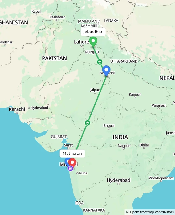 Route map showing distance and travel time from Jalandhar, India to Matheran, India