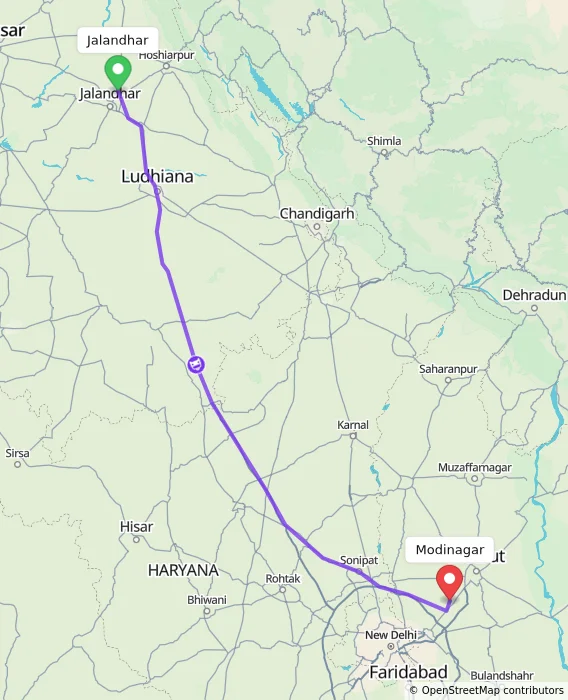 Route map showing distance and travel time from Jalandhar, India to Modinagar, India
