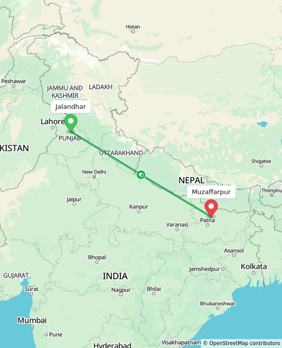 Route map showing distance and travel time from Jalandhar, India to Muzaffarpur, India