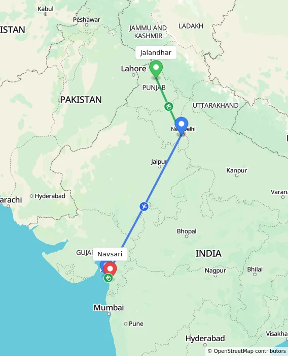 Route map showing distance and travel time from Jalandhar, India to Navsari, India