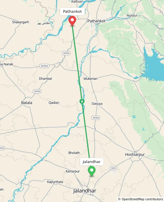 Route map showing distance and travel time from Jalandhar, India to Pathankot, India