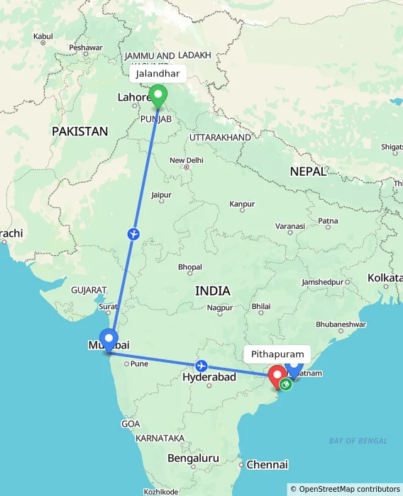 Route map showing distance and travel time from Jalandhar, India to Pithapuram, India