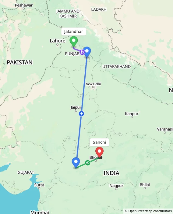 Route map showing distance and travel time from Jalandhar, India to Sanchi, India