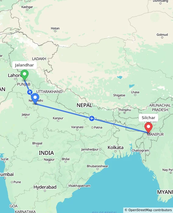 Route map showing distance and travel time from Jalandhar, India to Silchar, India