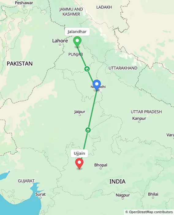 Route map showing distance and travel time from Jalandhar, India to Ujjain, India