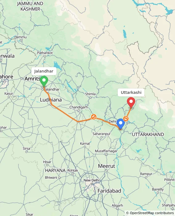 Route map showing distance and travel time from Jalandhar, India to Uttarkashi, India