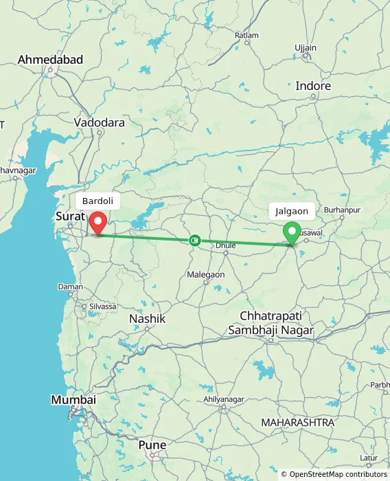 Route map showing distance and travel time from Jalgaon, India to Bardoli, India